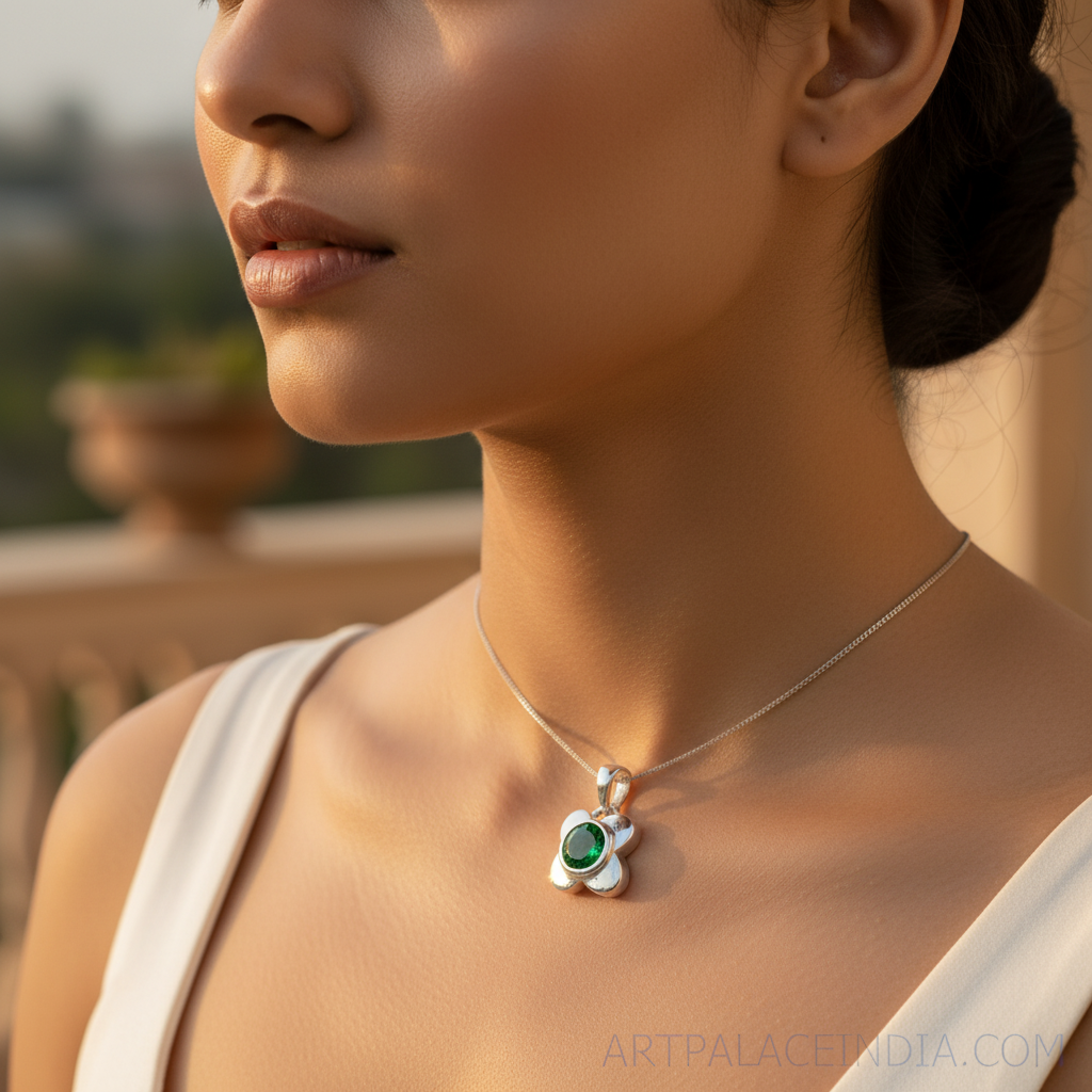 925 silver flower pendant with green gemstone | women's jewelry