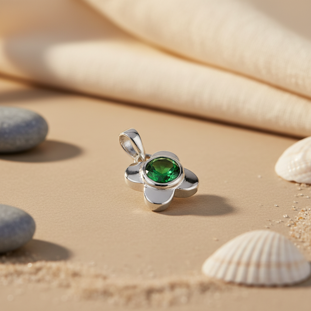 925 Silver Flower Pendant with Green Gemstone | Women's Jewelry