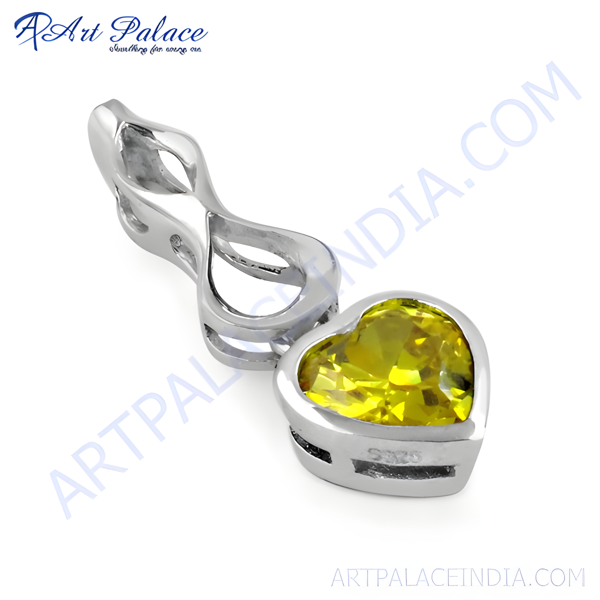 925 sterling silver heart shaped pendant with a bright yellow gemstone, perfect for women
