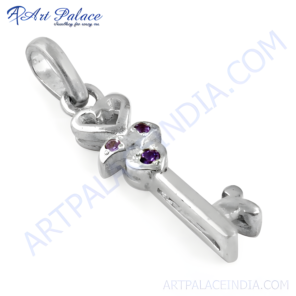 925 sterling silver key pendant with purple amethyst gemstones