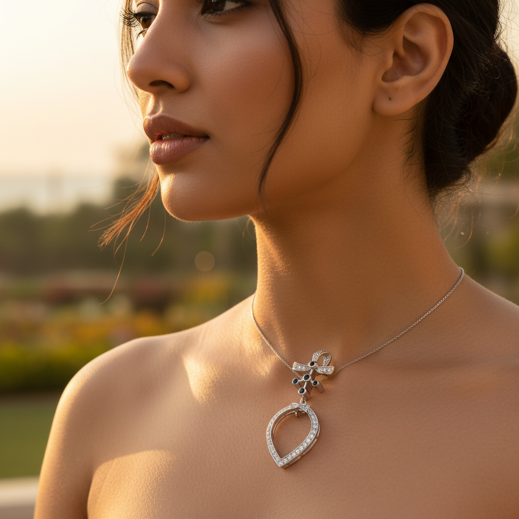 925 Silver Bow Pendant with Diamonds and Sapphire | Women's Jewelry