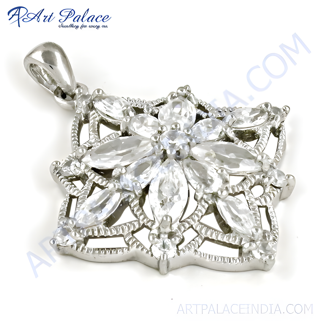 925 sterling silver flower pendant with clear crystal accents, perfect gift jewelry