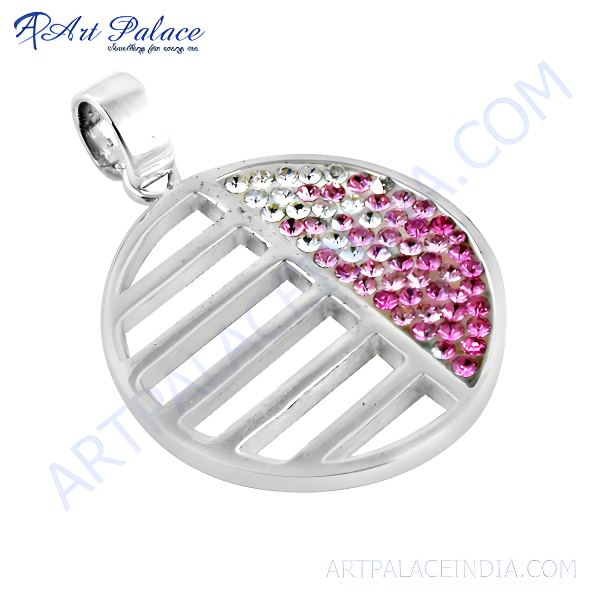 Sterling silver circle pendant with alternating clear and pink crystals, a beautiful and modern design