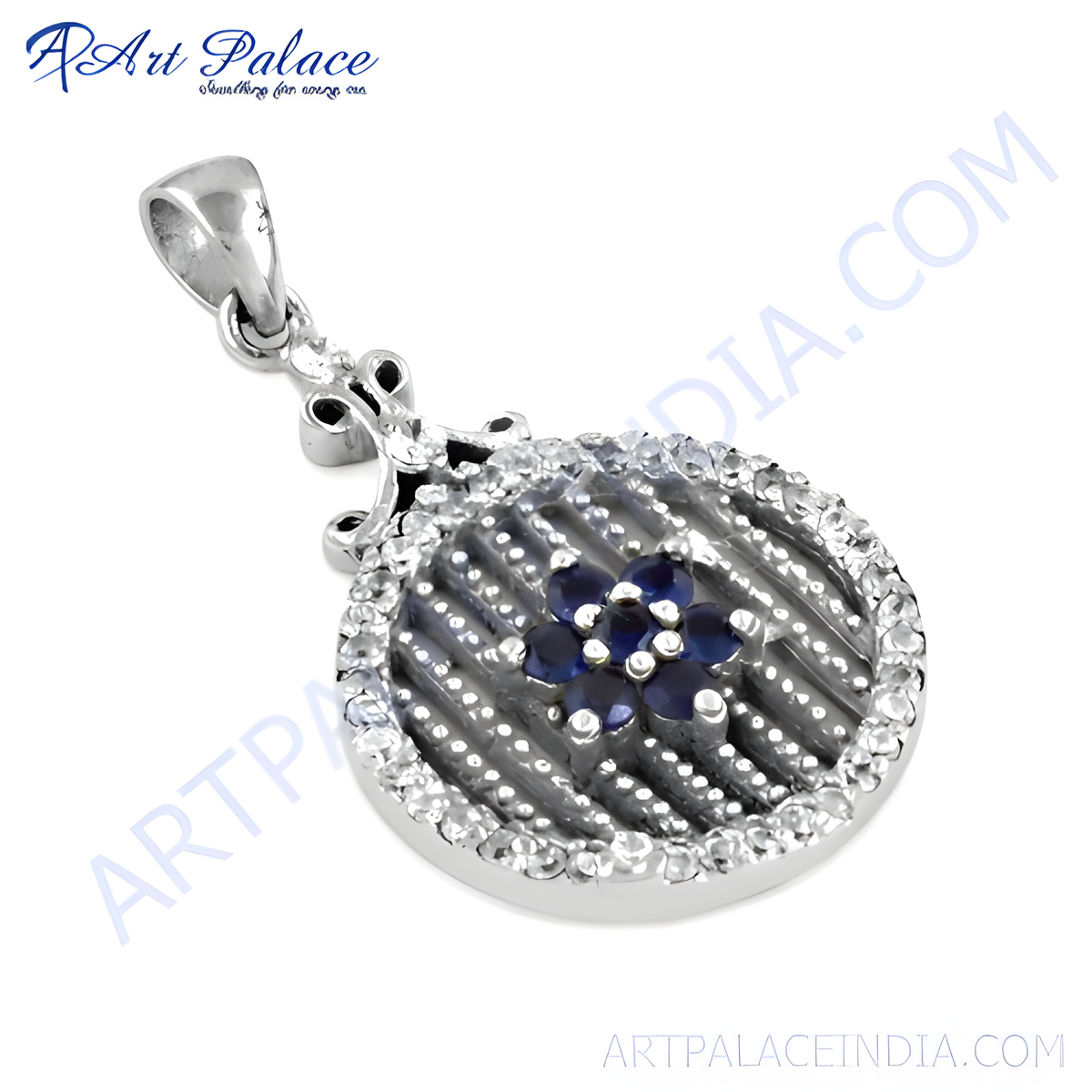 925 sterling silver flower pendant with blue sapphire gemstones and cubic zirconia accents