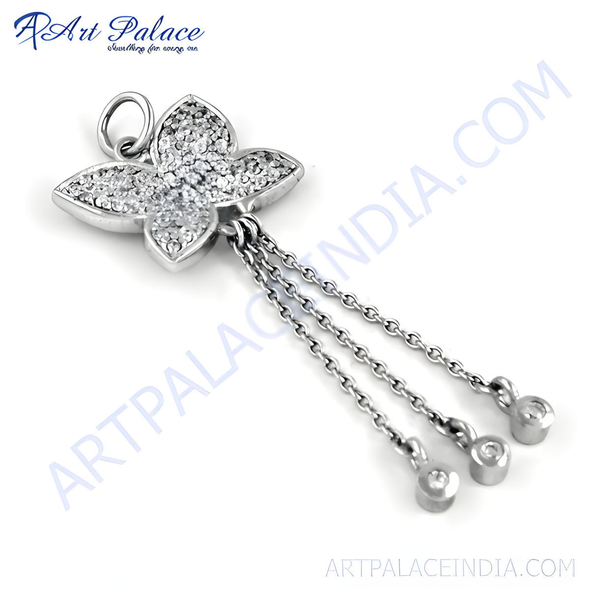 925 sterling silver flower pendant necklace with clear cubic zirconia stones and dangling chains