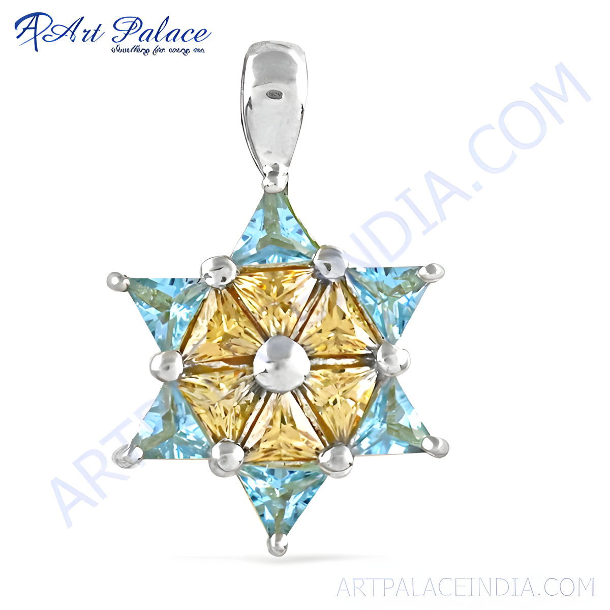 925 sterling silver star pendant with yellow and blue gemstones, women's fashion jewelry