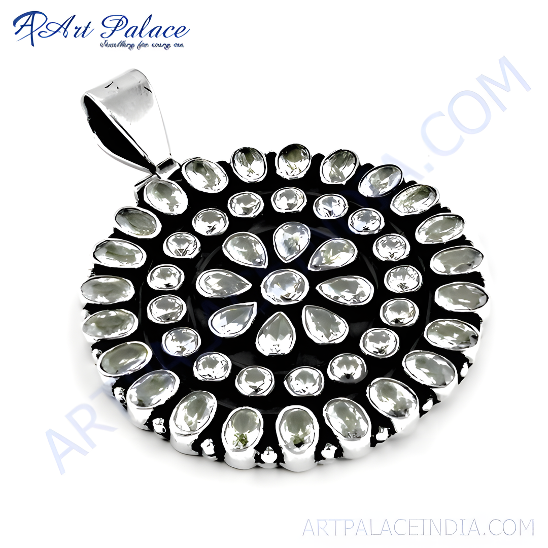 925 sterling silver gemstone pendant with a black background and white gemstones.