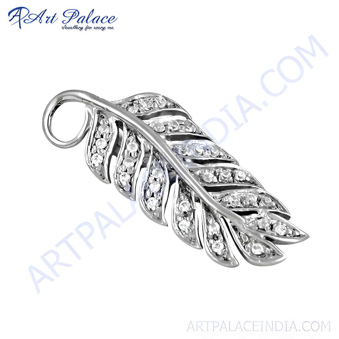 Sterling silver feather pendant with sparkling cubic zirconia stones, perfect for a necklace. Elegant and feminine design.