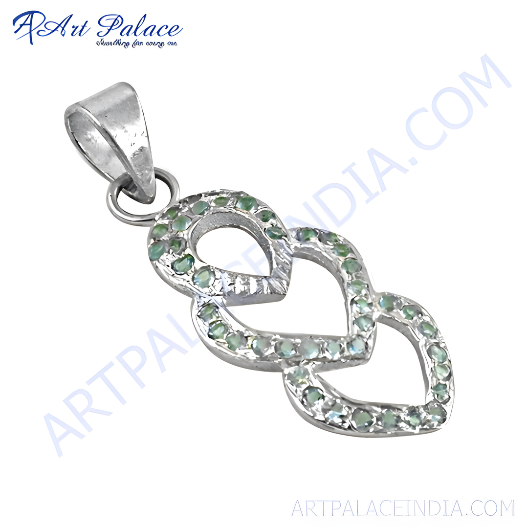 925 sterling silver heart pendant necklace with green gemstones. Elegant and stylish design.