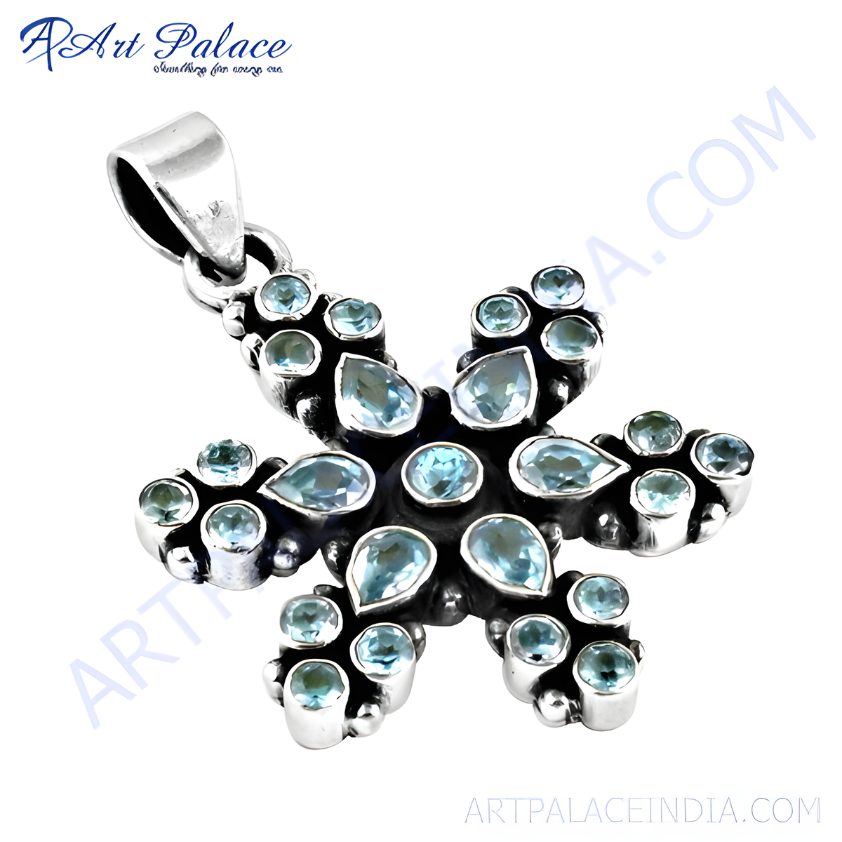 Sterling silver flower pendant with vibrant blue topaz gemstones, perfect for women