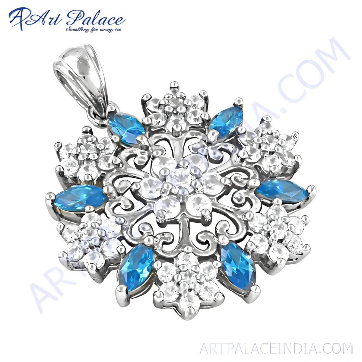 925 sterling silver snowflake pendant with white gemstones and blue topaz accents, elegant women's jewelry