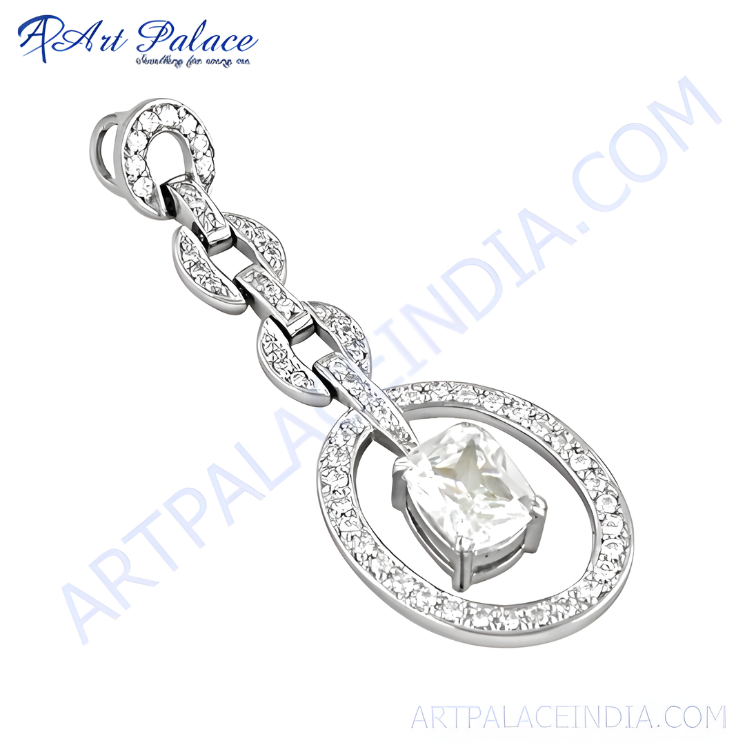 Sterling silver pendant with a large, clear cubic zirconia gemstone, perfect for women's fashion jewelry.