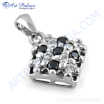 Load image into Gallery viewer, 925 sterling silver square pendant necklace with white and black cubic zirconia gemstones.
