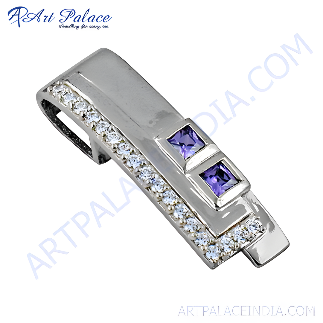Silver pendant with white and purple gemstones, a stylish and elegant jewelry piece.