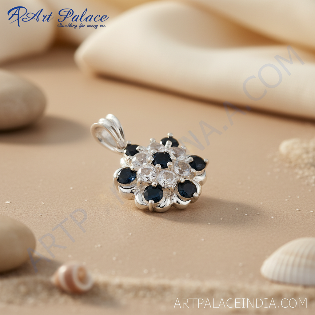 925 Silver Sapphire & White Topaz Pendant | Flower Jewelry