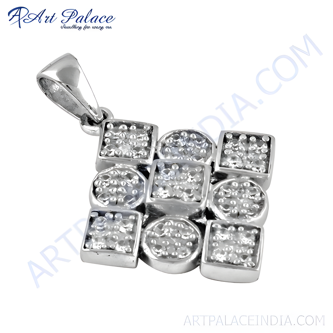 925 sterling silver pendant with square and round cubic zirconia stones, perfect for fashion jewelry