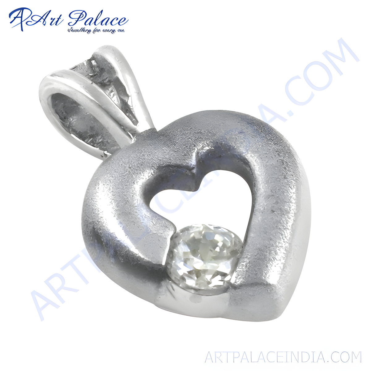 Sterling silver heart pendant with a brilliant cut diamond center, white background