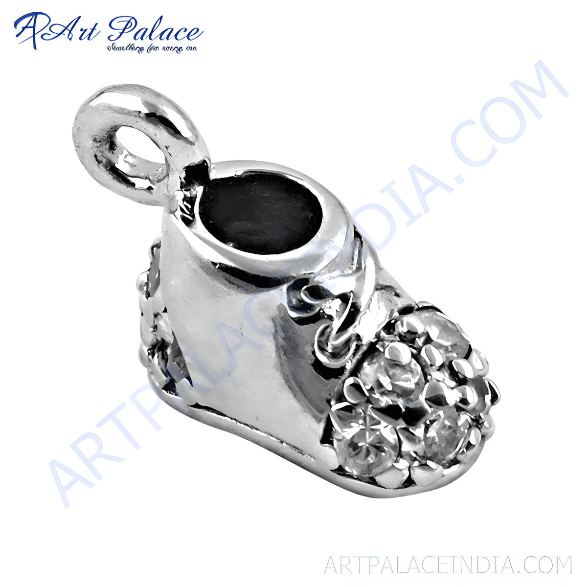 925 sterling silver baby shoe pendant with sparkling cubic zirconia stones