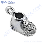 Load image into Gallery viewer, 925 sterling silver baby shoe pendant with sparkling cubic zirconia stones.
