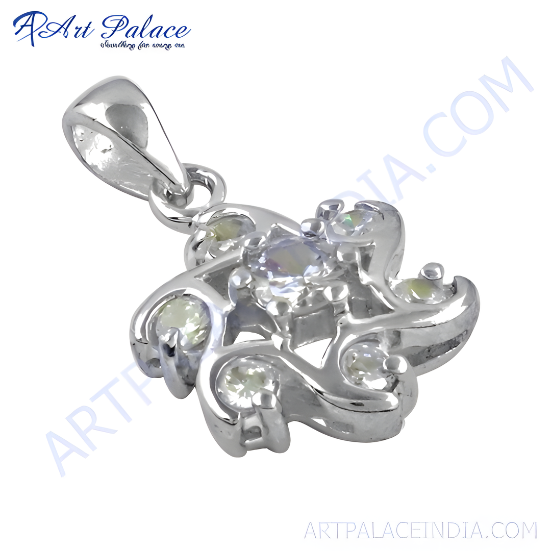 925 Sterling Silver flower pendant with sparkling cubic zirconia gemstones. Elegant women's jewelry.