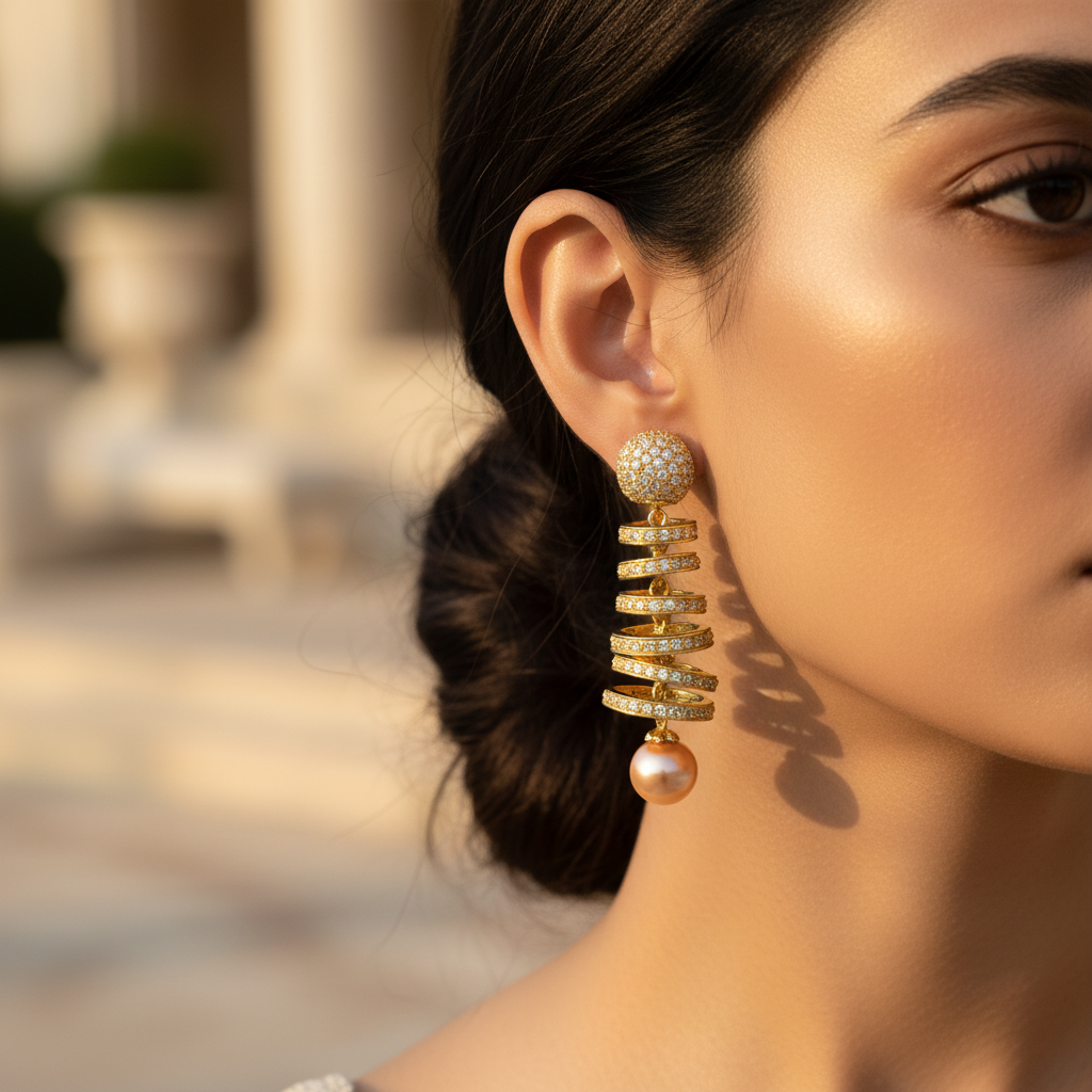 金色珍珠螺旋吊坠耳环 | 女士珠宝礼品