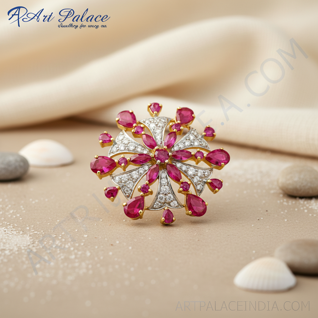 Broche de rubí y diamante | Joyería de rubí bañada en oro para mujer