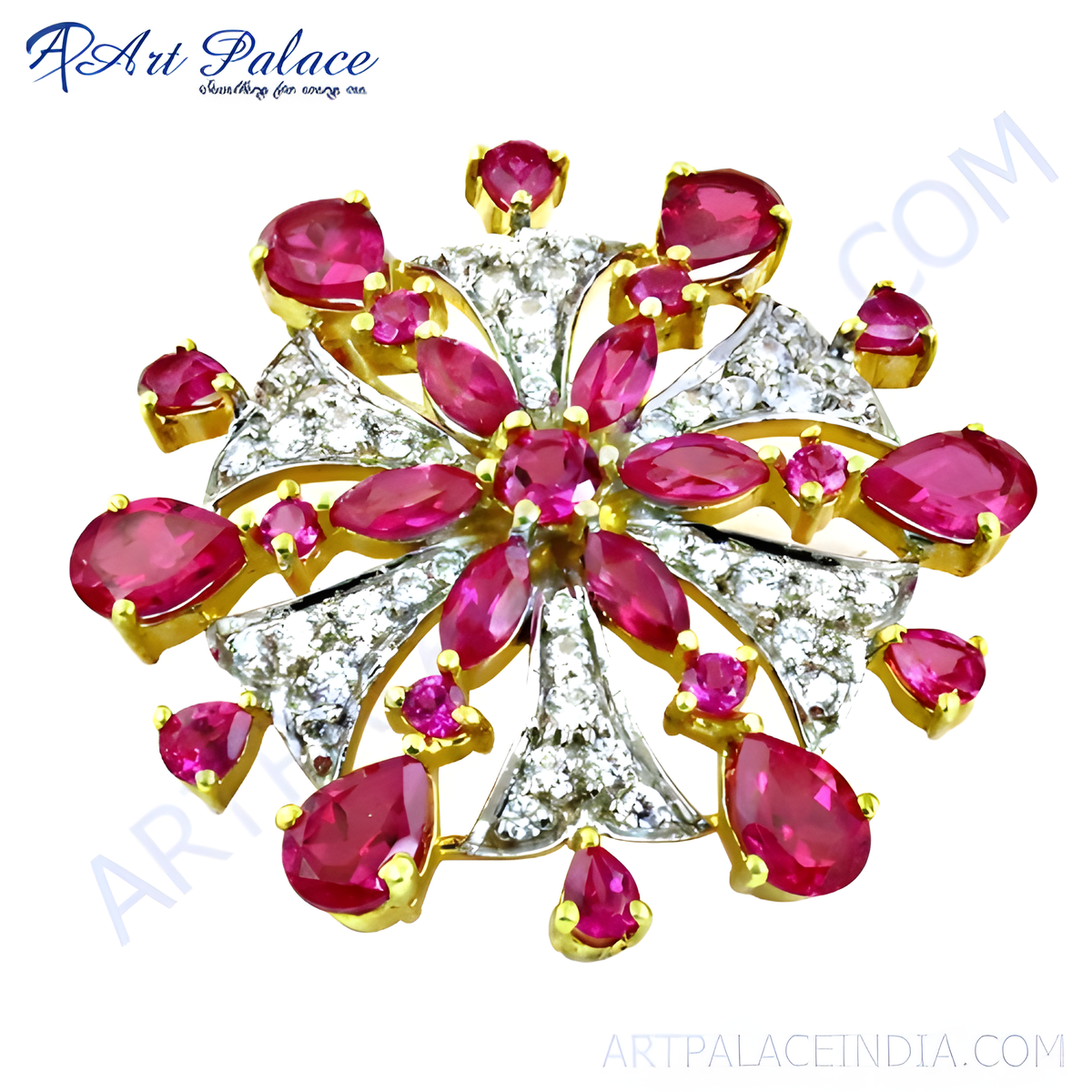 Gold plating plated brooch featuring a floral design with rubies and diamonds, ideal for adding elegance to any outfit