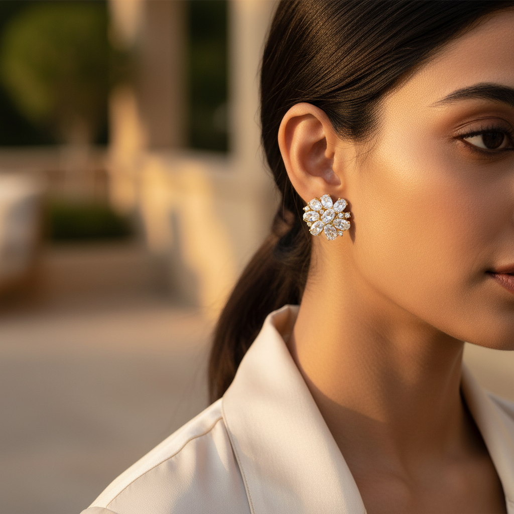 Pendientes de flor de oro | Circonita cúbica | Joyería para mujer