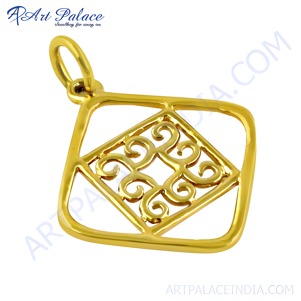 22k gold filigree pendant with an open worked design, featuring a square shape