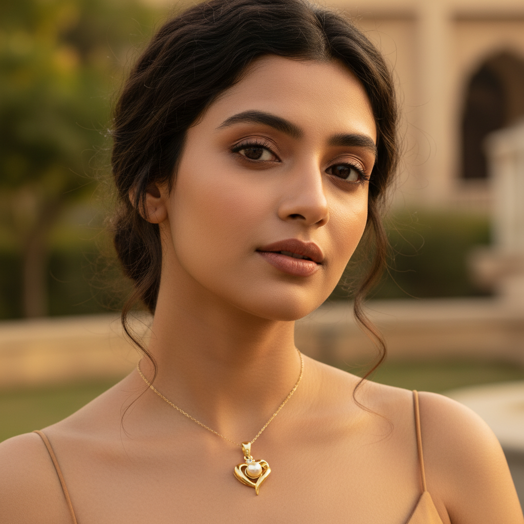 Colgante de corazón de perla dorada para mujer | joyería elegante