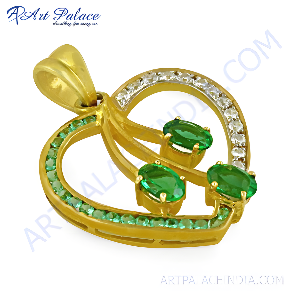 Gold plating heart shaped pendant necklace with green emerald gemstones and clear accents