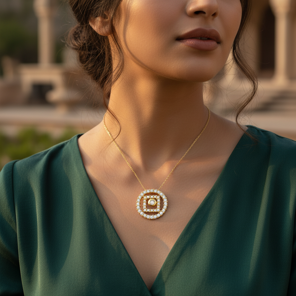 女士黄金钻石光环吊坠 | 精美珠宝礼品