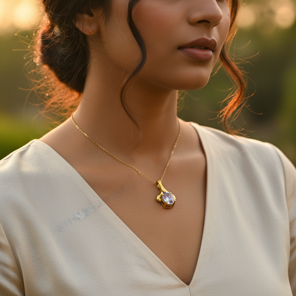 女士金色椭圆形宝石吊坠 | 日常佩戴项链