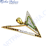 将图像加载到图库查看器中， gold plating triangle pendant necklace with white, green and red gemstones, elegant design.
