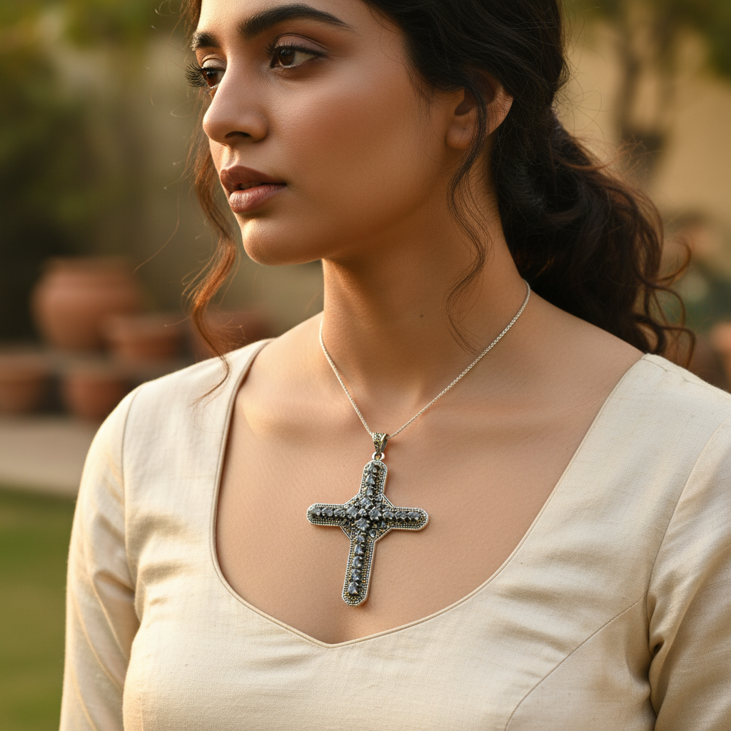 Colgante de cruz de topacio azul en plata 925 | regalo de joyería religiosa