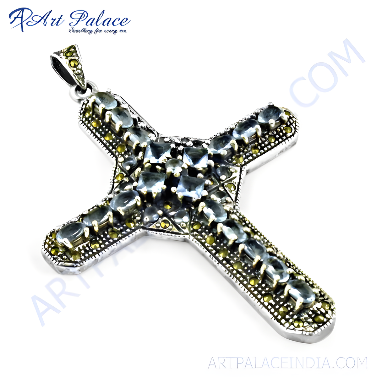 925 sterling silver cross pendant with blue topaz gemstones and marcasite accents