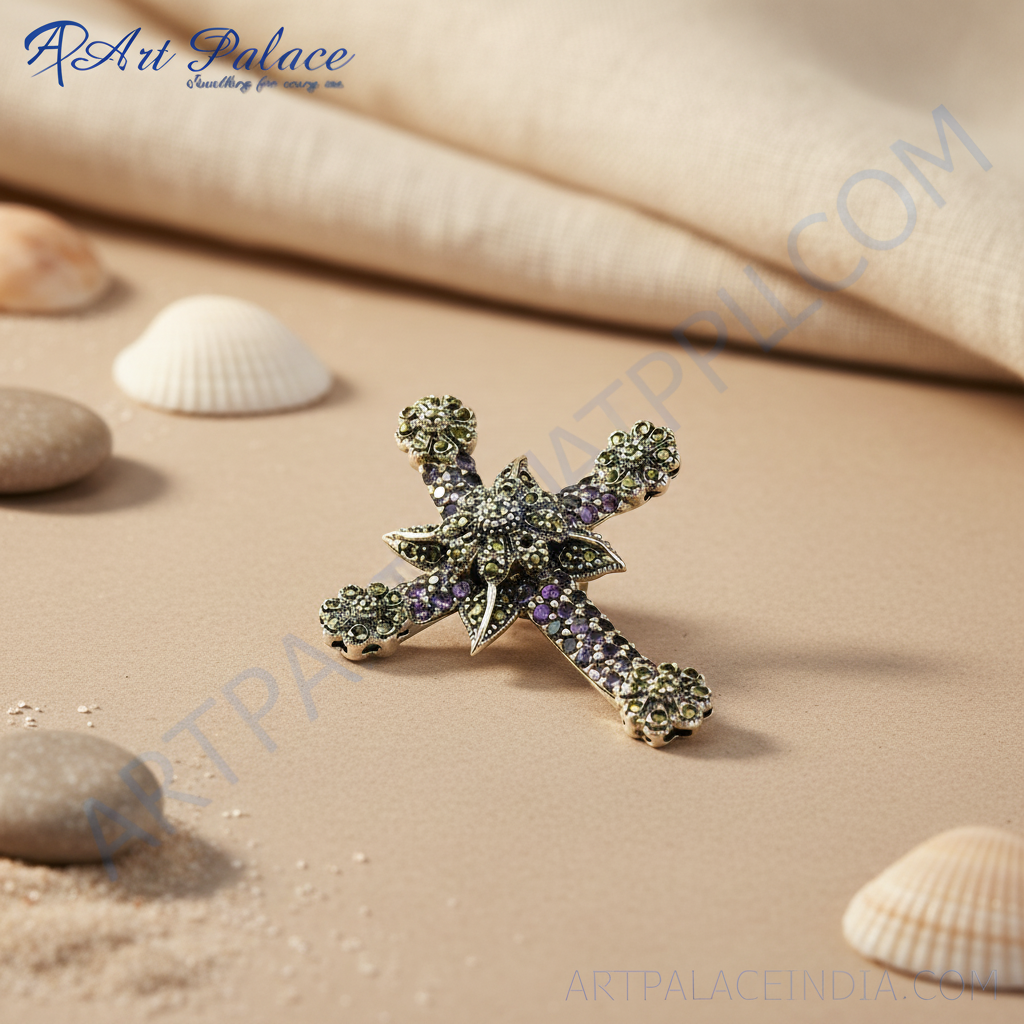 Silver Cross Pendant with Amethyst Gemstones | For Women