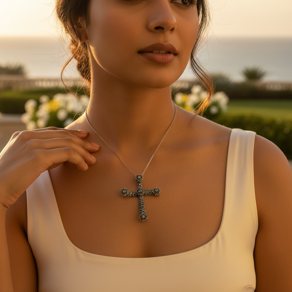 Colgante de cruz de plata con piedras preciosas | Regalo de joyería religiosa