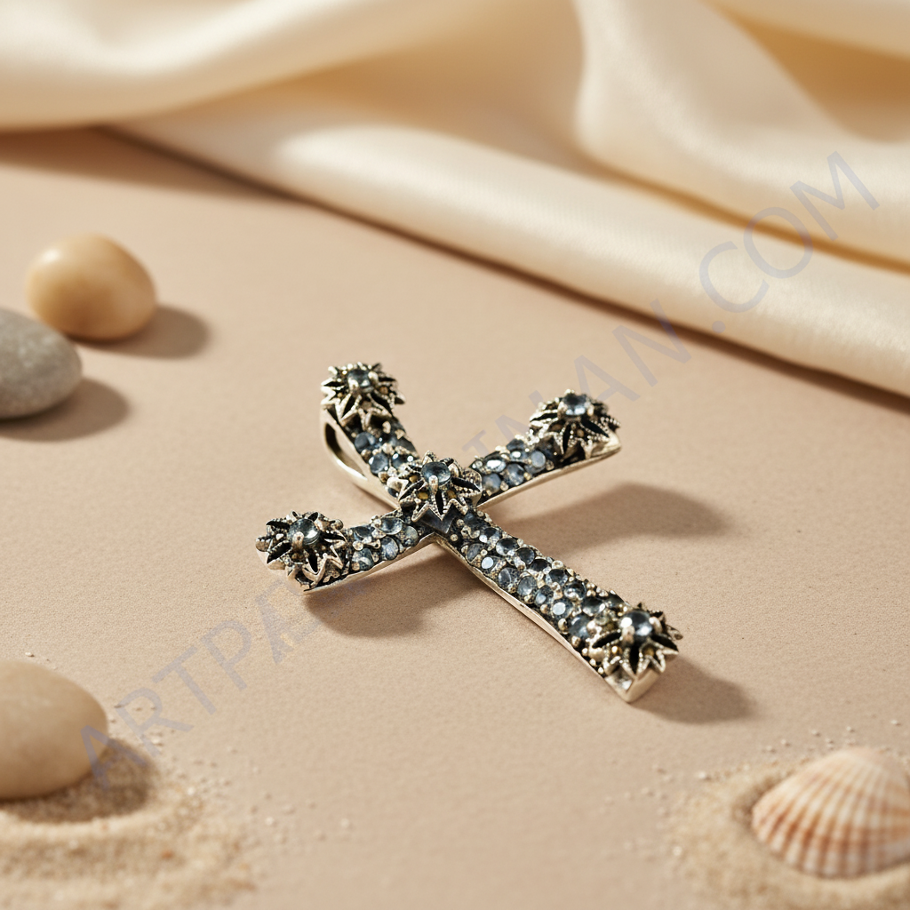Colgante de cruz de plata con piedras preciosas | Regalo de joyería religiosa