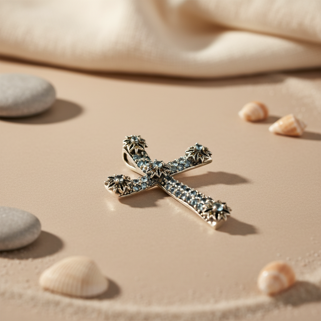 Silver Cross Pendant with Gemstones | Religious Jewelry Gift
