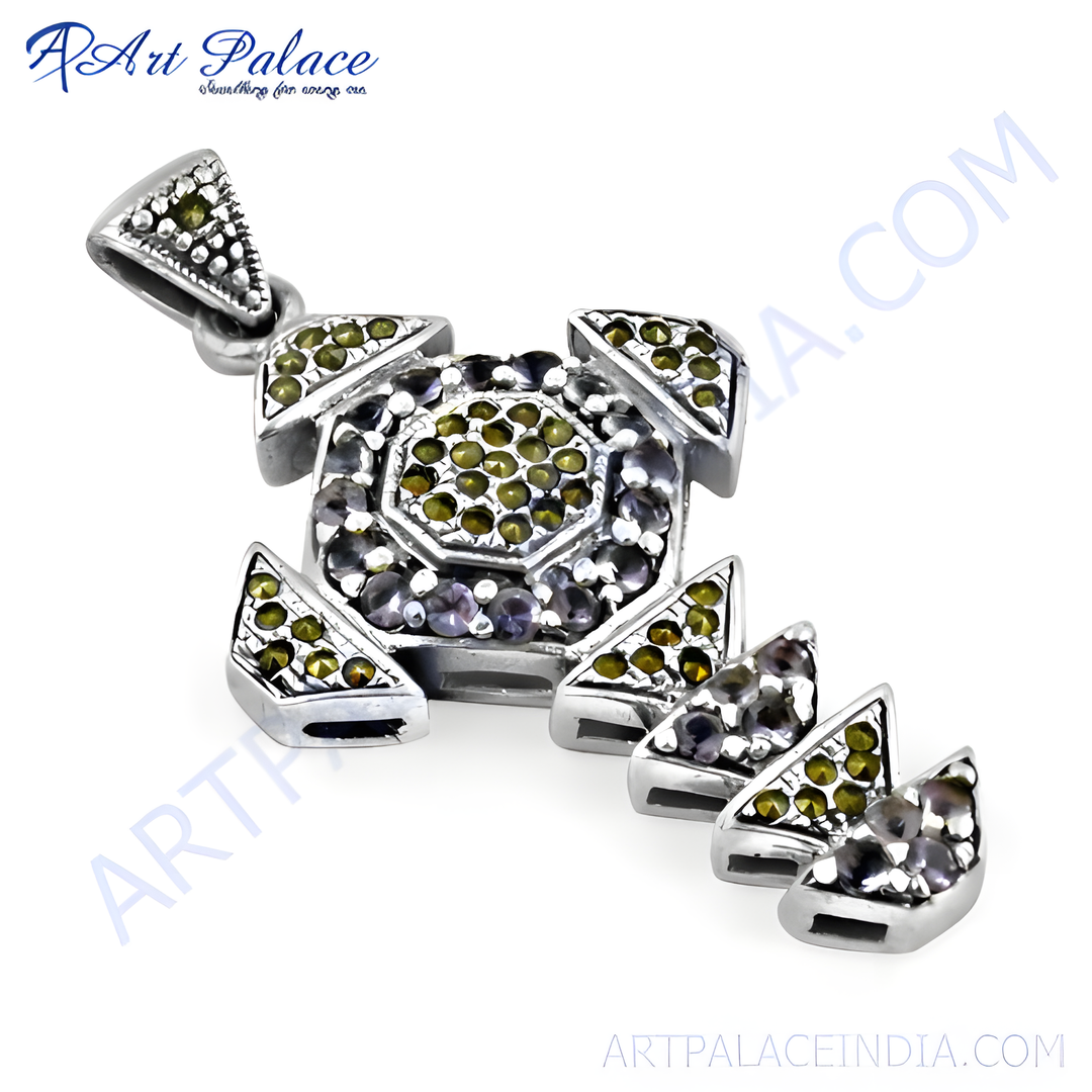 Sterling silver gemstone pendant with a unique geometric design featuring colorful stones.