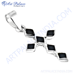 Load image into Gallery viewer, 925 sterling silver cross pendant with black enamel inlay
