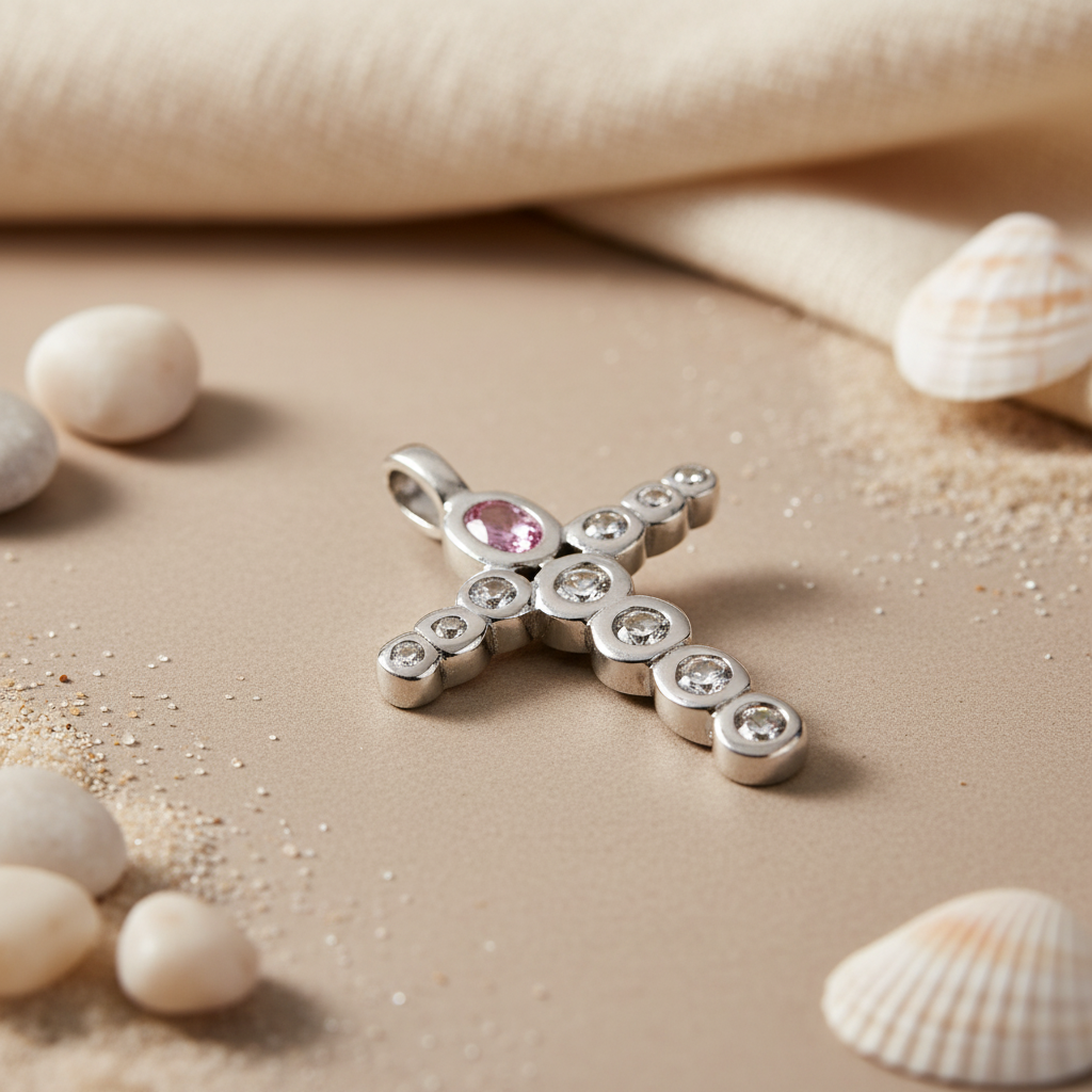 Silver Cross Pendant with Pink & White Gemstones | Gift for Her