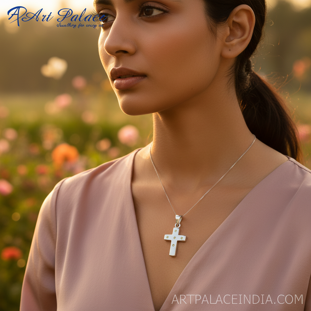 925 Silver Cross Pendant with Gemstones for Women