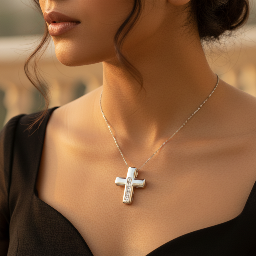 Colgante de cruz de plata con circonitas cúbicas | Regalo de joyería para mujer