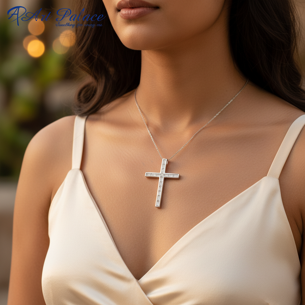 Silver Cross Pendant Necklace with Baguette Cut CZ | Women's Jewelry
