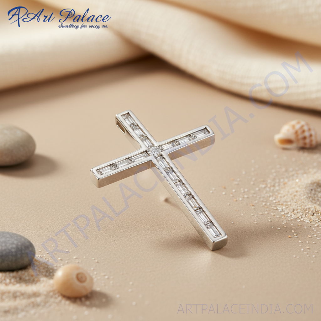 Silver cross pendant necklace with baguette cut cz | women's jewelry