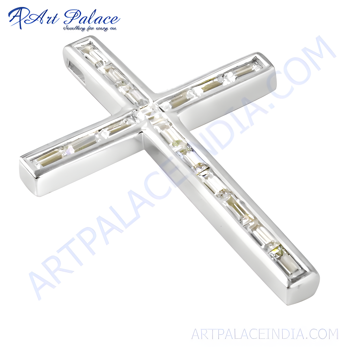 Sterling silver cross pendant necklace with baguette cut cubic zirconia gemstones