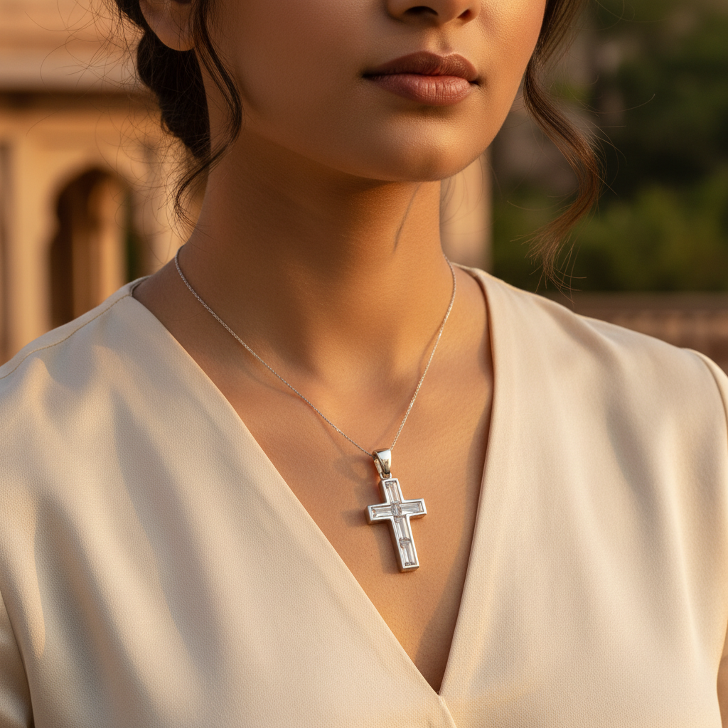 Silver Cross Pendant with Baguette CZ | Religious Jewelry for Women