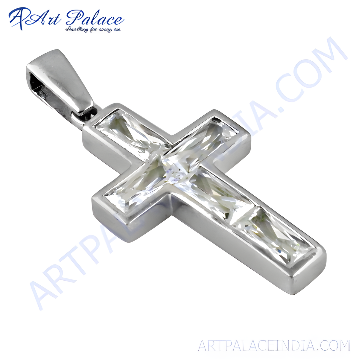 Sterling silver cross pendant with baguette cut clear cubic zirconia stones